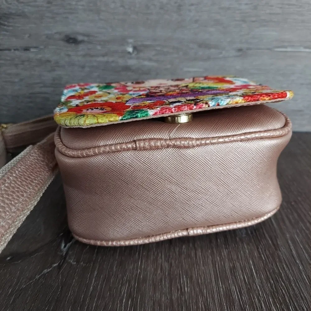 Frida Kahlo Handmade in Mexico Rose Gold Crossbody Floral Bag